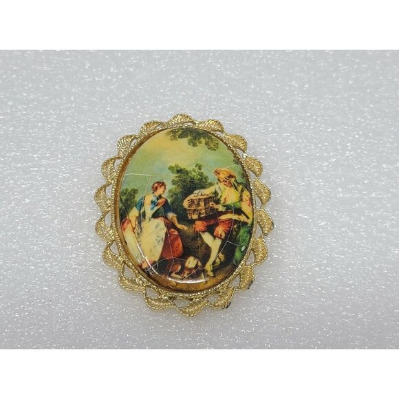Vintage Porcelain Renaissance Scene Nicolas Lancret The Bird Cage Brooch Cracked - Picture 1 of 3